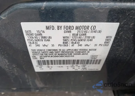 2016 Ford Edge Se из США, поврежденный, VIN 2FMPK4G96GBC62310